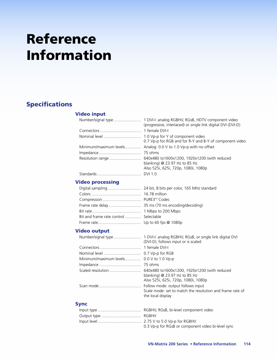 Reference information, Specifications | Extron Electronics VN-Matrix 200 Series User Manual | Page 119 / 123