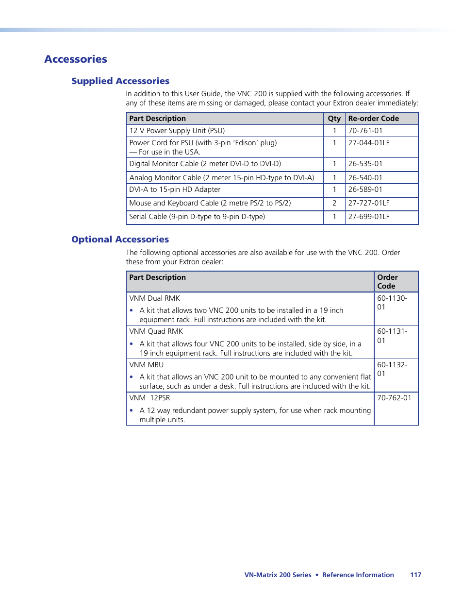 Optional accessories, For the under, Accessories | Extron Electronics VN-Matrix 200 Series User Manual | Page 122 / 123