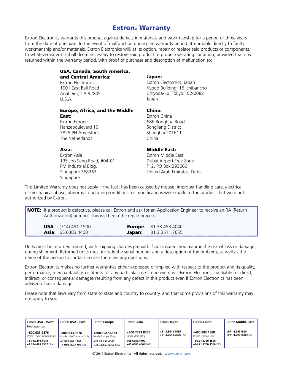 Extron, Warranty | Extron Electronics VN-Matrix 200 Series User Manual | Page 123 / 123