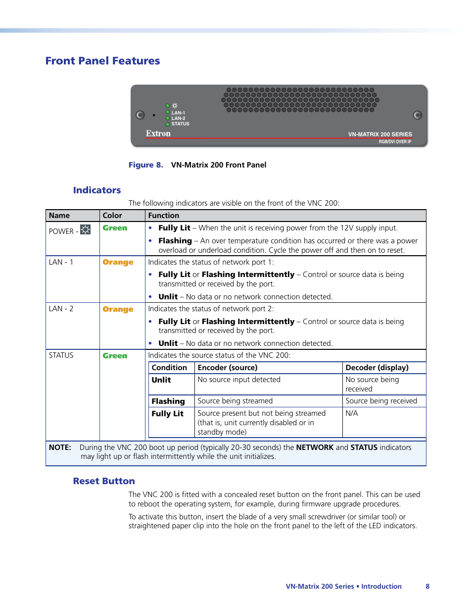 Front panel features | Extron Electronics VN-Matrix 200 Series User Manual | Page 13 / 123