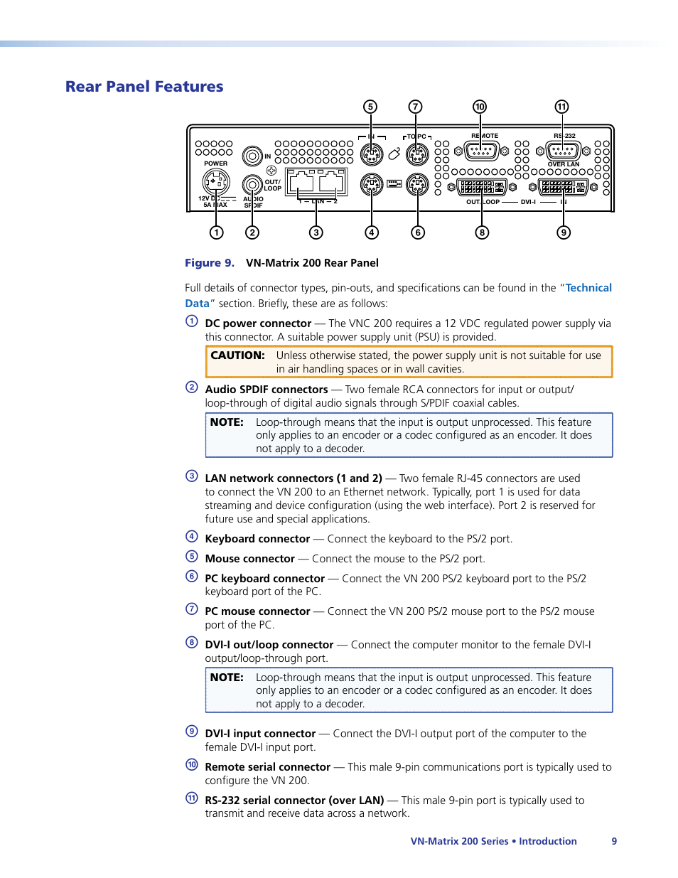 Rear panel features | Extron Electronics VN-Matrix 200 Series User Manual | Page 14 / 123