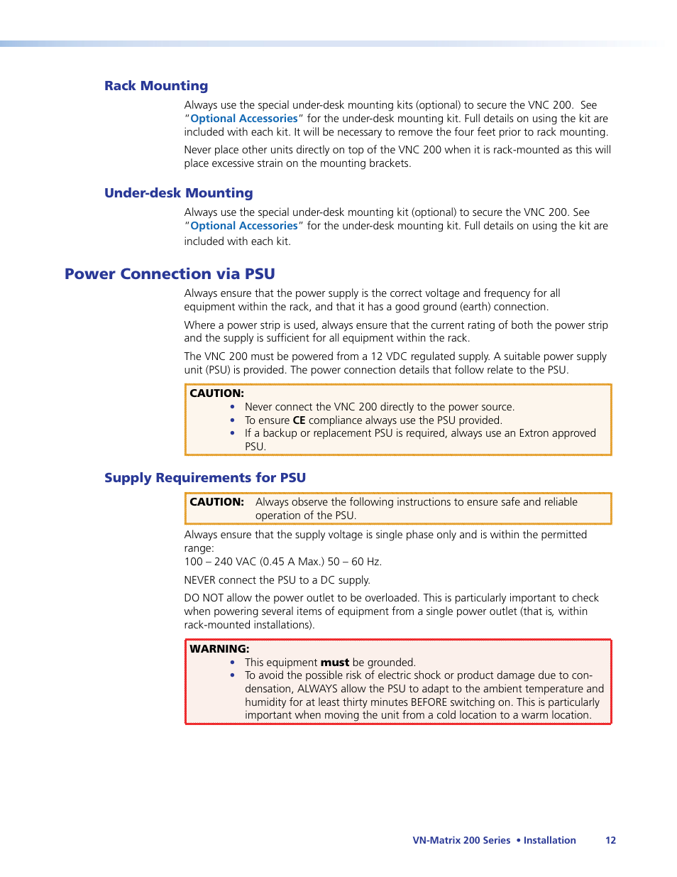 Power connection via psu | Extron Electronics VN-Matrix 200 Series User Manual | Page 17 / 123