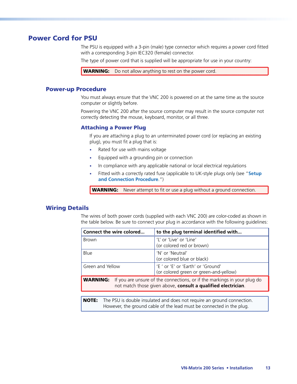 Power cord for psu | Extron Electronics VN-Matrix 200 Series User Manual | Page 18 / 123