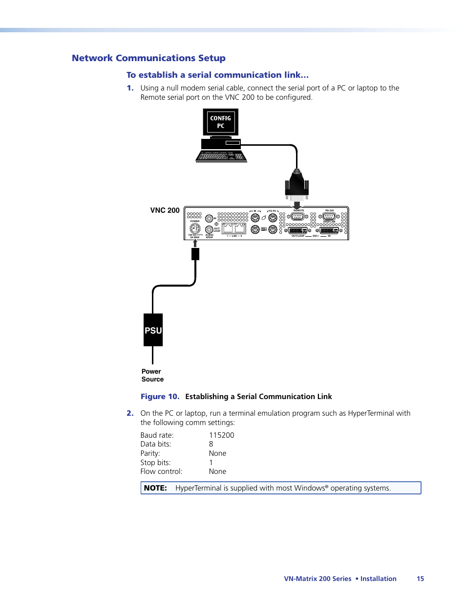 Network, Communications setup, Network communications setup | Operating systems, Vnc 200 | Extron Electronics VN-Matrix 200 Series User Manual | Page 20 / 123