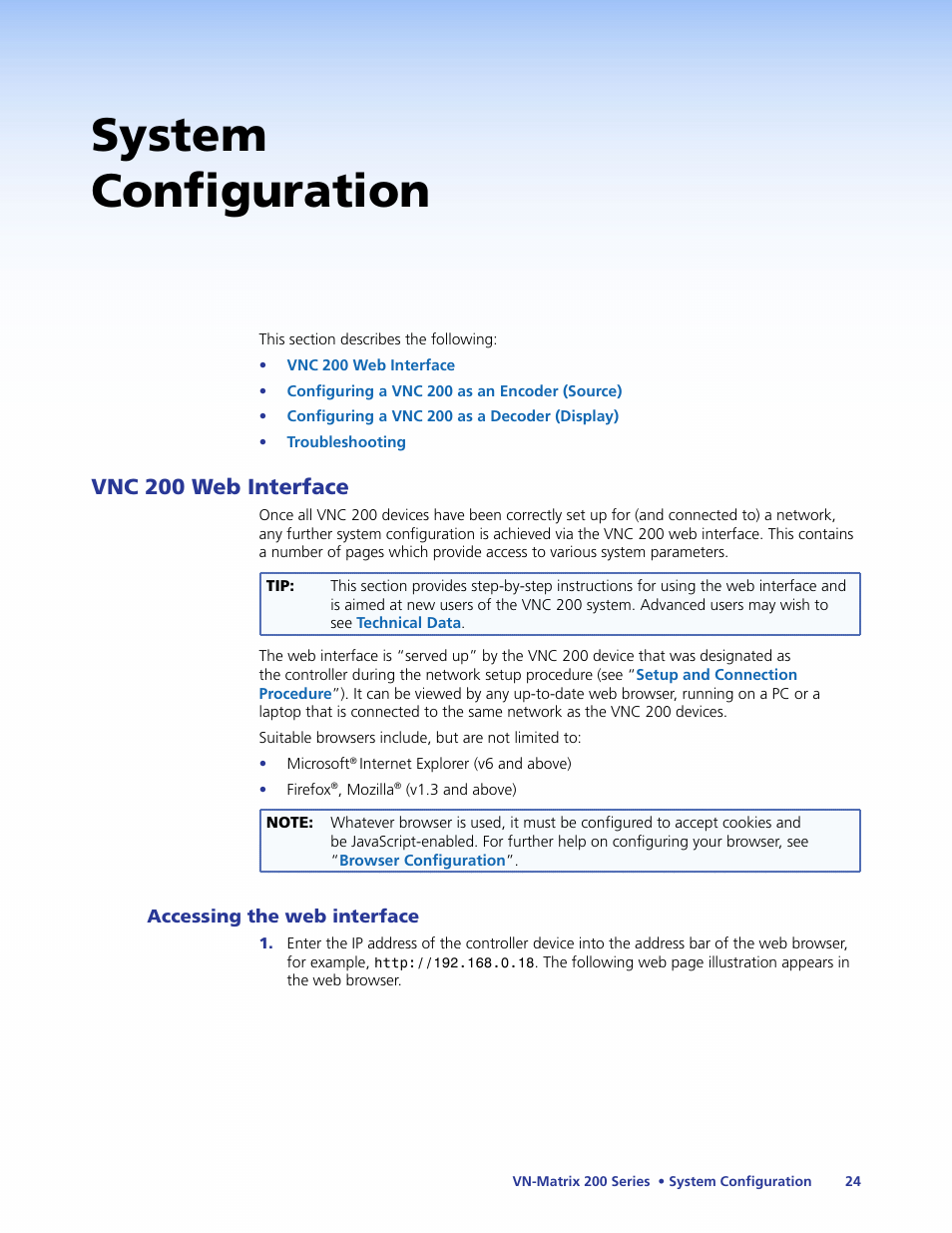 System configuration, Vnc 200 web interface | Extron Electronics VN-Matrix 200 Series User Manual | Page 29 / 123