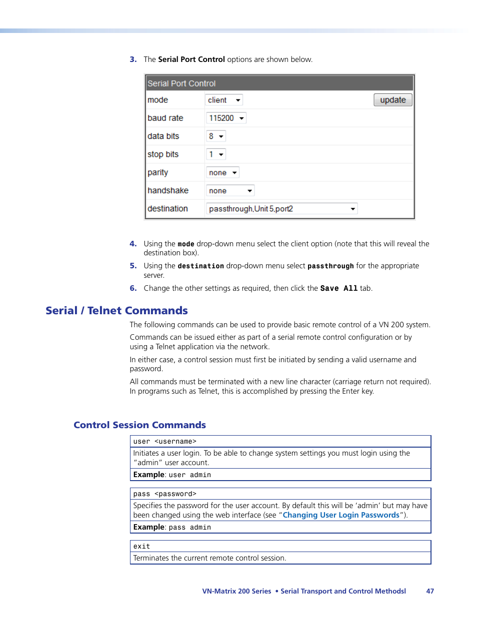 Serial / telnet commands | Extron Electronics VN-Matrix 200 Series User Manual | Page 52 / 123