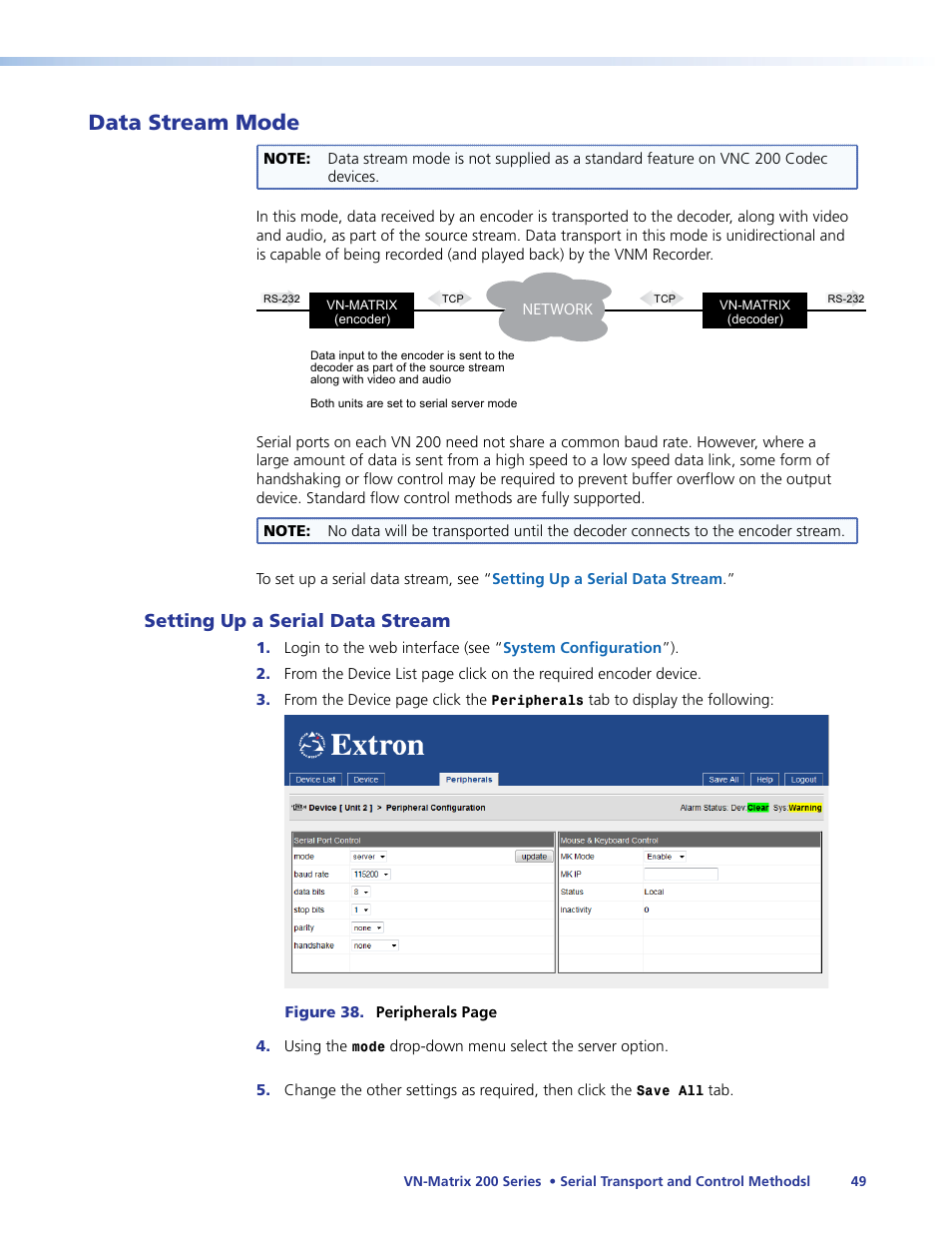 Data stream mode, Setting up a serial data stream | Extron Electronics VN-Matrix 200 Series User Manual | Page 54 / 123