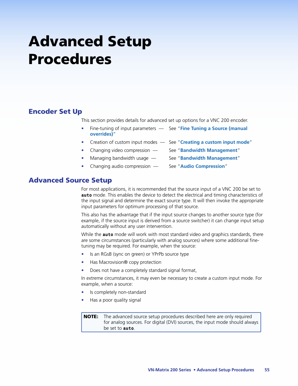 Advanced source setup, Advanced setup procedures, Encoder set up | Extron Electronics VN-Matrix 200 Series User Manual | Page 60 / 123