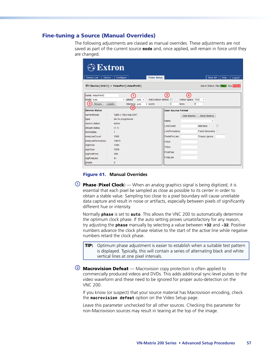 Fine-tuning a source (manual, Overrides), Fine tuning a source (manual | Ab c d e | Extron Electronics VN-Matrix 200 Series User Manual | Page 62 / 123