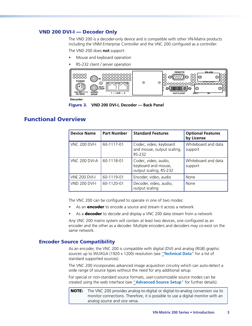 Vnd 200 dvi-i — decoder only, Functional overview, Encoder source compatibility | Extron Electronics VN-Matrix 200 Series User Manual | Page 8 / 123