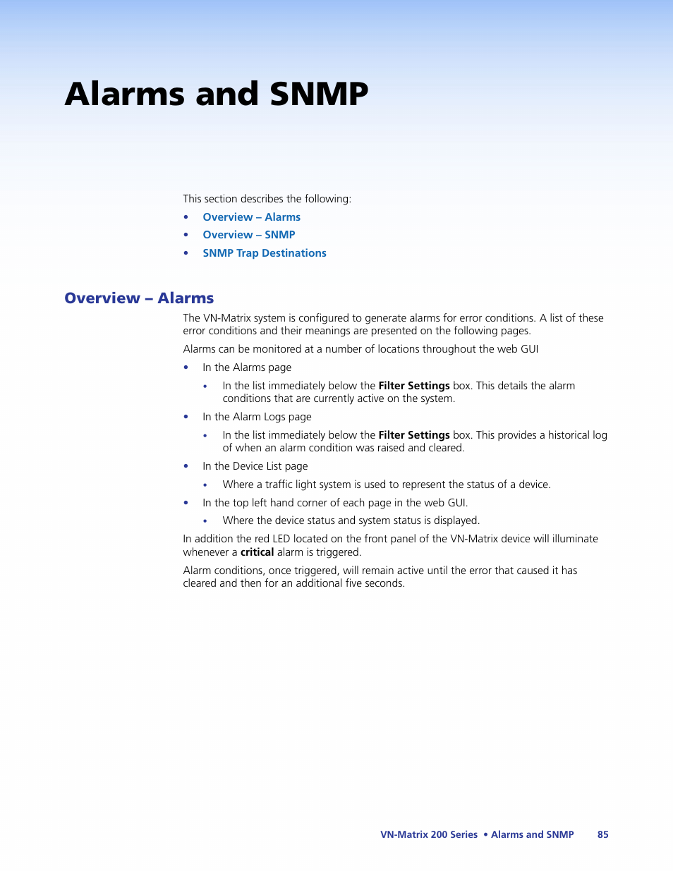 Alarms and snmp, Overview – alarms | Extron Electronics VN-Matrix 200 Series User Manual | Page 90 / 123