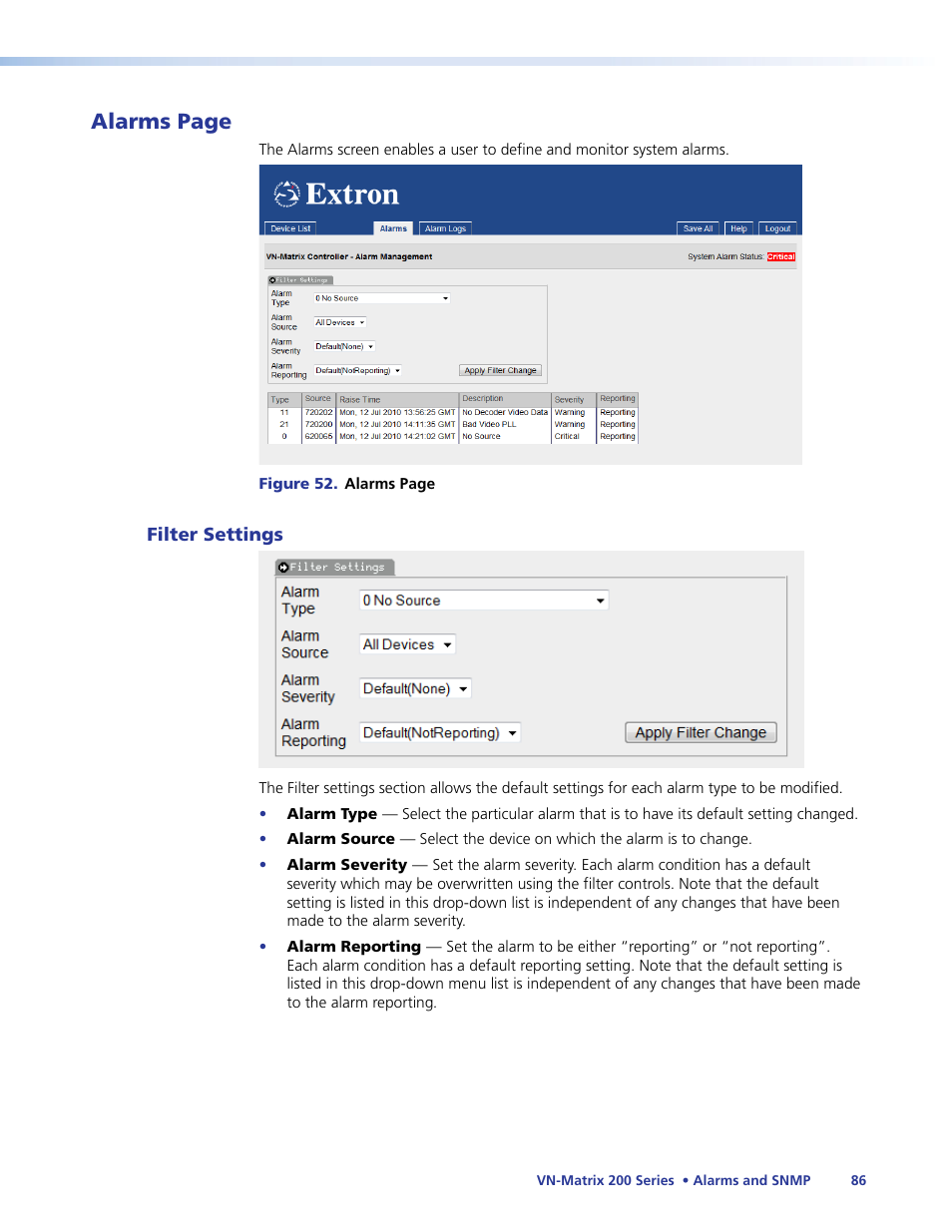 Alarms page | Extron Electronics VN-Matrix 200 Series User Manual | Page 91 / 123