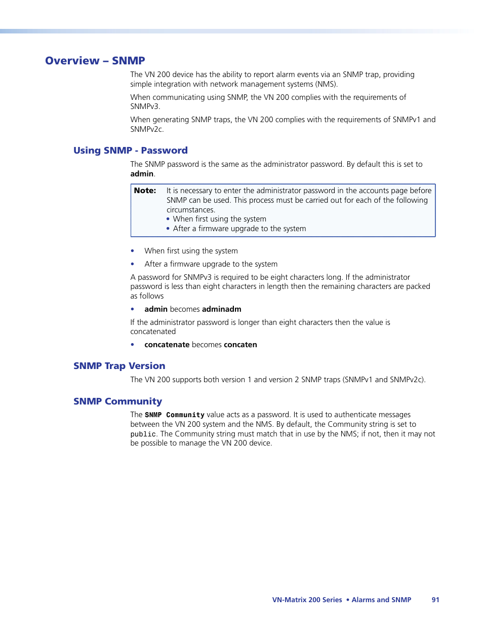 Overview – snmp | Extron Electronics VN-Matrix 200 Series User Manual | Page 96 / 123