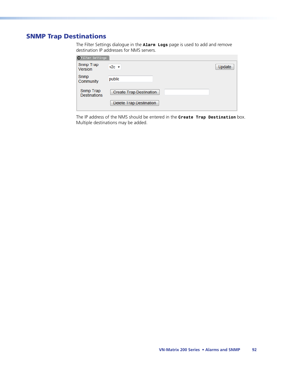 Snmp trap destinations | Extron Electronics VN-Matrix 200 Series User Manual | Page 97 / 123