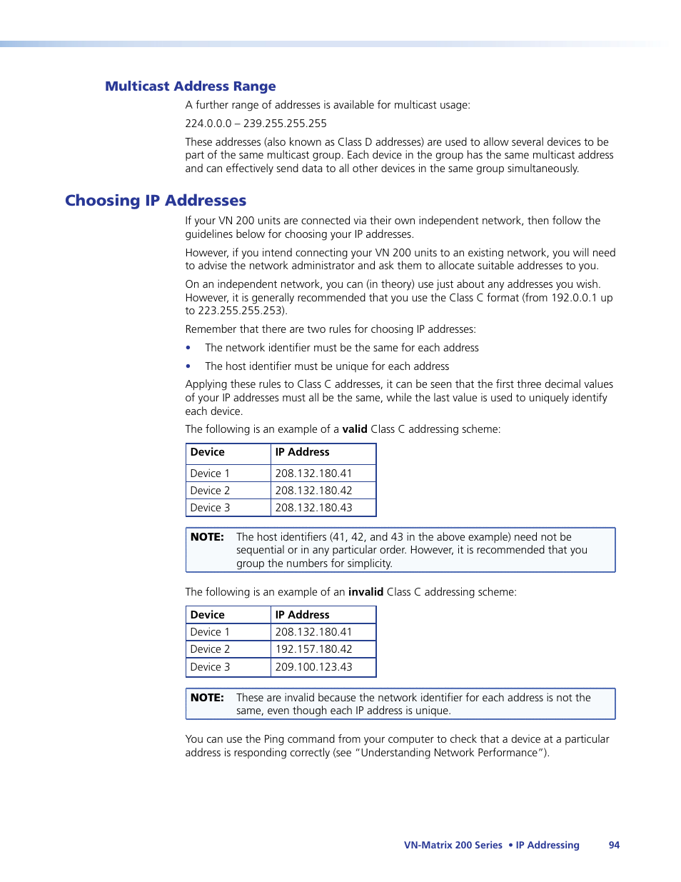 Choosing ip addresses | Extron Electronics VN-Matrix 200 Series User Manual | Page 99 / 123