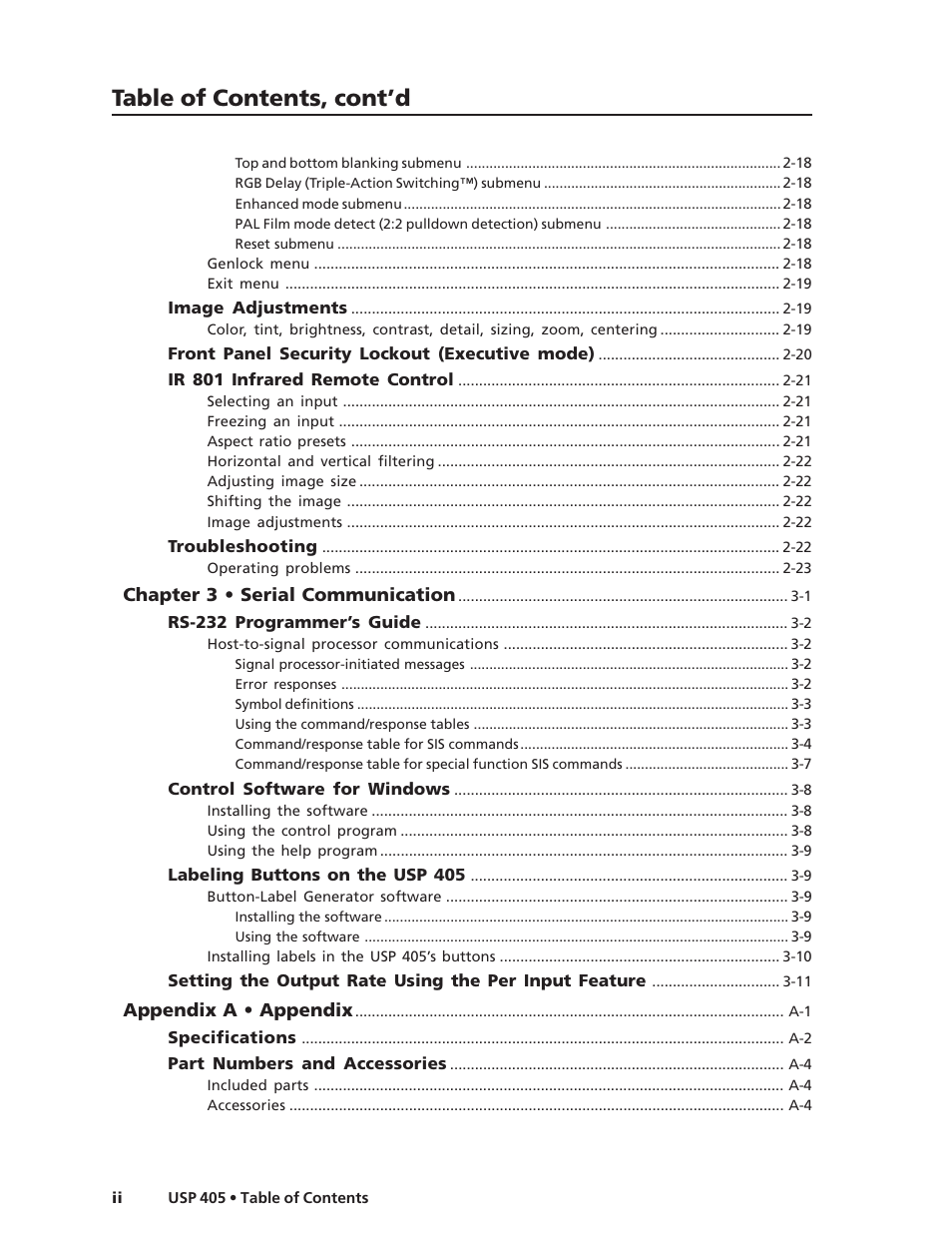 Table of contents, cont’d | Extron Electronics USP 405 User Guide User Manual | Page 10 / 64