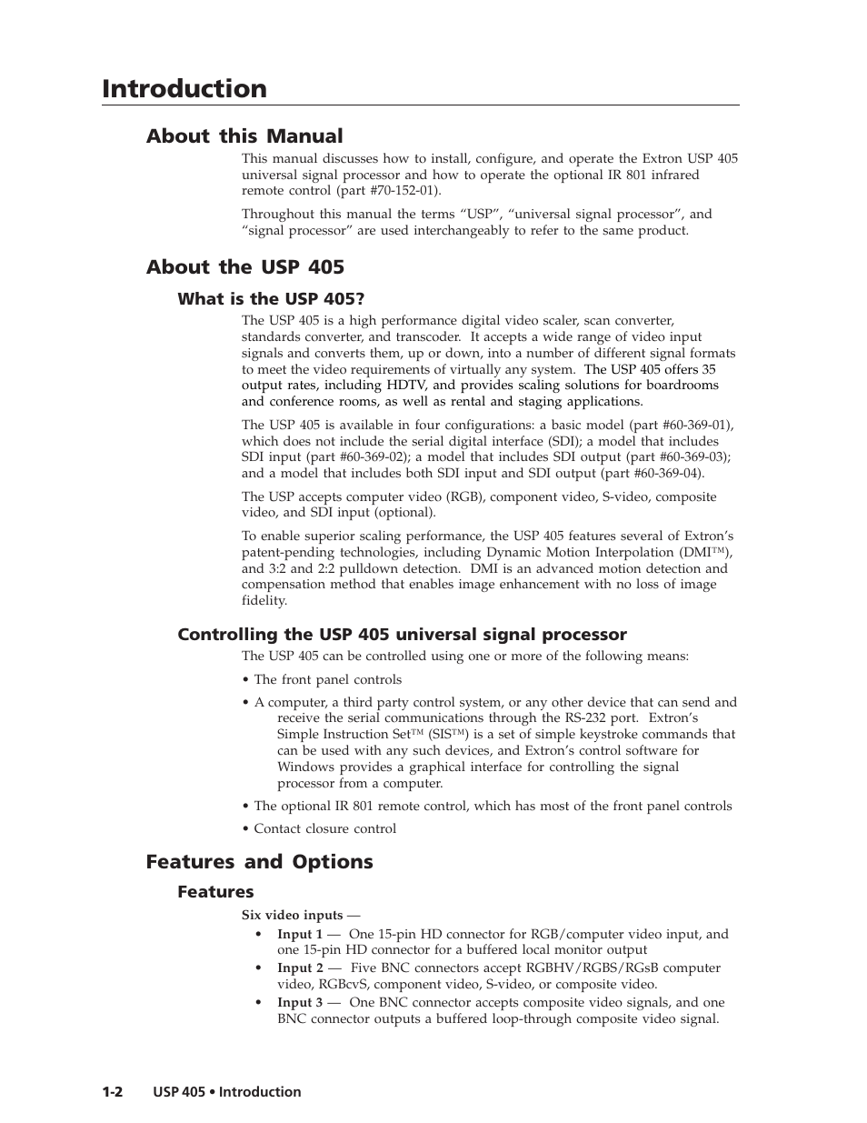 Introduction, About this manual, About the usp 405 | Features and options | Extron Electronics USP 405 User Guide User Manual | Page 14 / 64