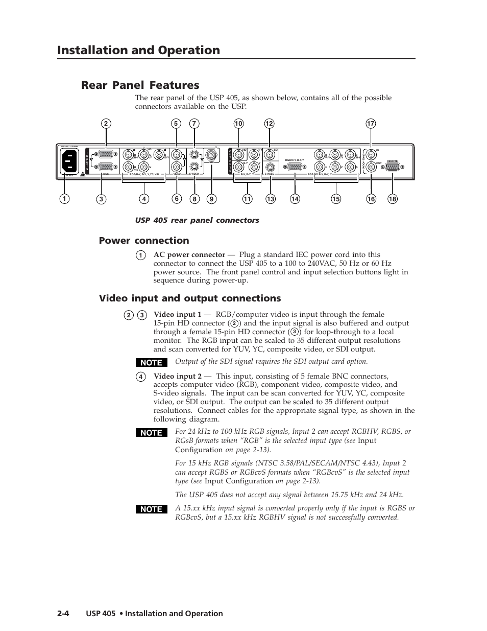 Installation and operation, Rear panel features, Power connection | Video input and output connections | Extron Electronics USP 405 User Guide User Manual | Page 20 / 64