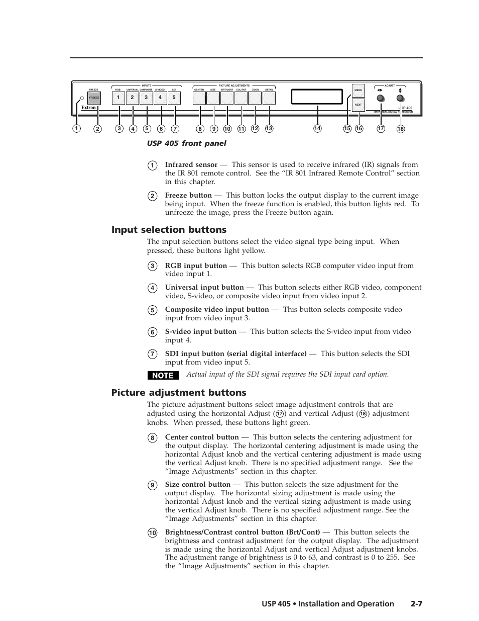 Input selection buttons, Picture adjustment buttons, 7 usp 405 • installation and operation | Extron Electronics USP 405 User Guide User Manual | Page 23 / 64