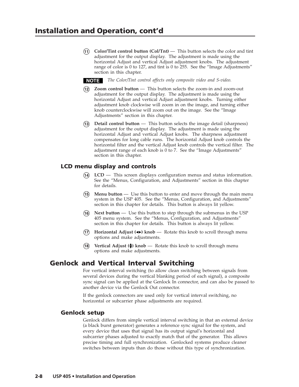 Installation and operation, cont’d, Genlock and vertical interval switching, Lcd menu display and controls | Genlock setup | Extron Electronics USP 405 User Guide User Manual | Page 24 / 64
