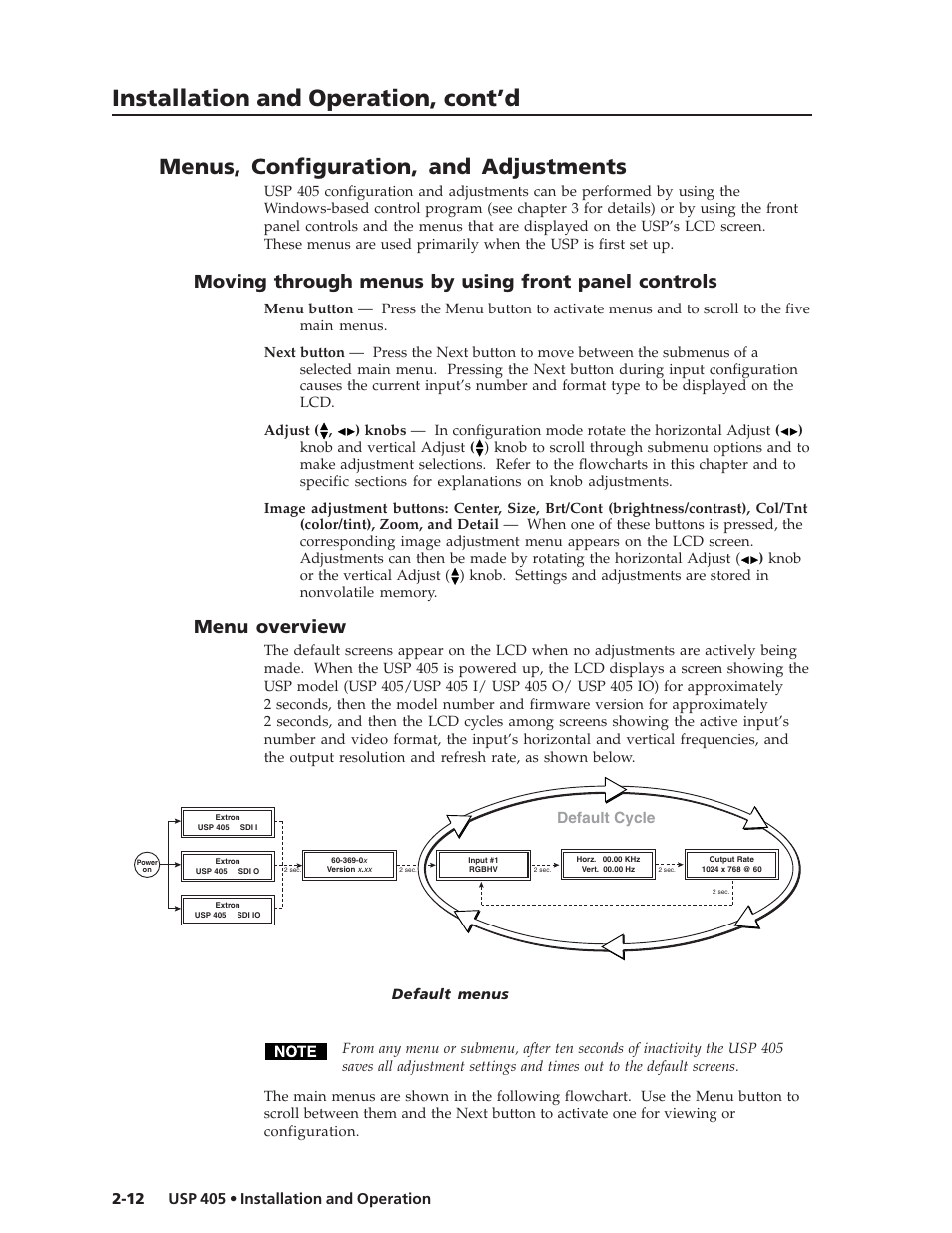 Installation and operation, cont’d, Menus, configuration, and adjustments, Moving through menus by using front panel controls | Menu overview, Default cycle | Extron Electronics USP 405 User Guide User Manual | Page 28 / 64