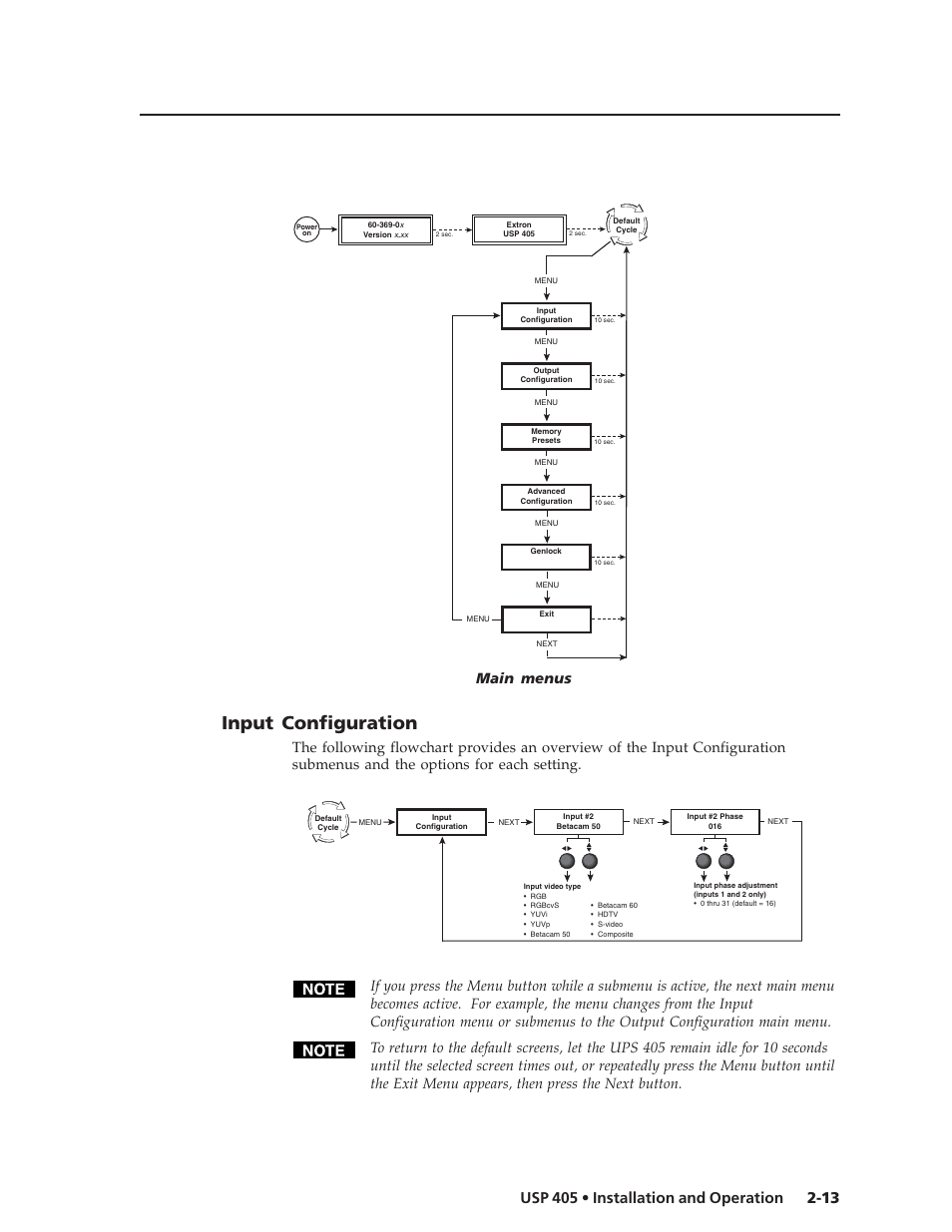 Input configuration, Main menus | Extron Electronics USP 405 User Guide User Manual | Page 29 / 64