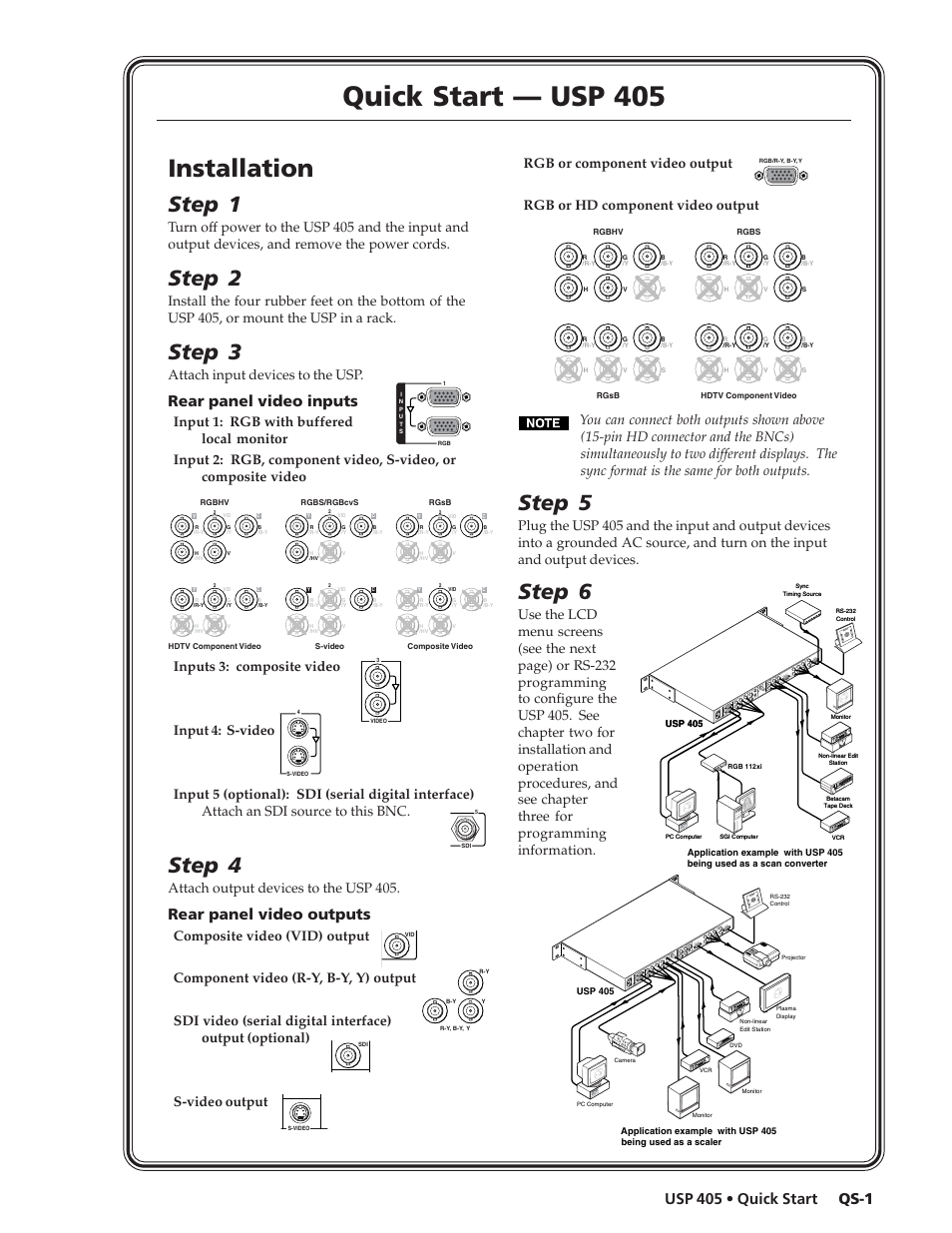 Quick start — usp 405, Installation, Step 1 | Step 2, Step 3, Step 4, Step 5, Step 6, Qs-1 usp 405 • quick start, Rear panel video inputs | Extron Electronics USP 405 User Guide User Manual | Page 3 / 64
