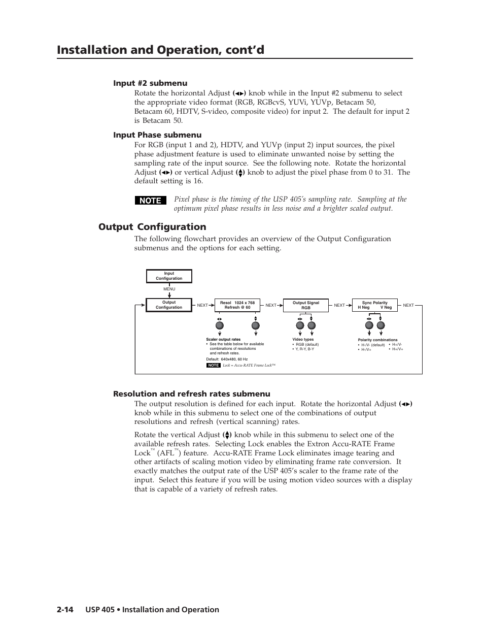 Installation and operation, cont’d, Output configuration, Input phase submenu | Resolution and refresh rates submenu | Extron Electronics USP 405 User Guide User Manual | Page 30 / 64