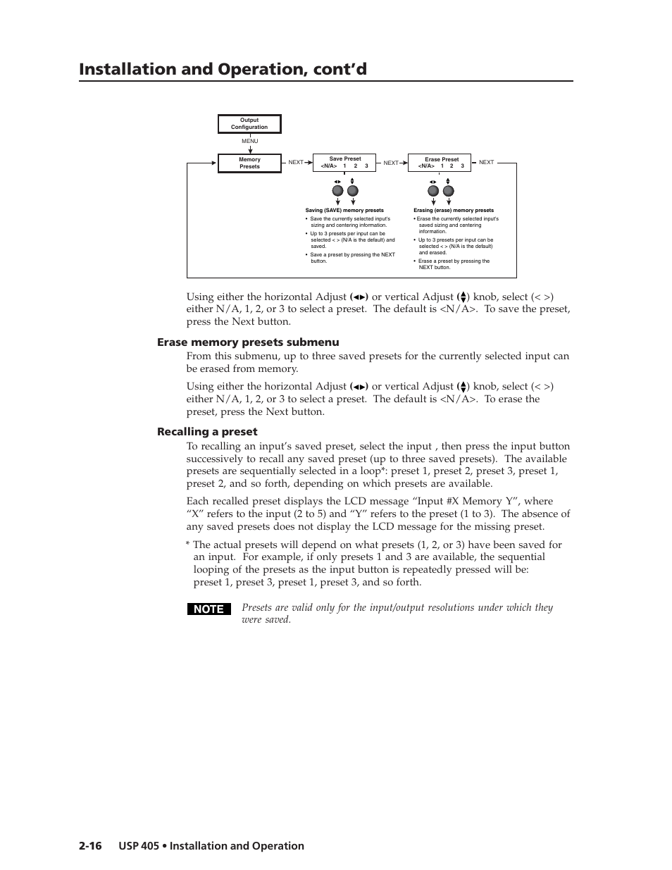 Installation and operation, cont’d, Recalling a preset | Extron Electronics USP 405 User Guide User Manual | Page 32 / 64