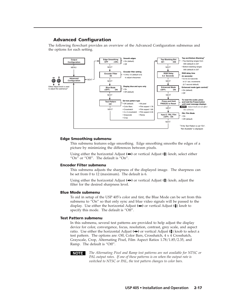 Advanced configuration, Edge smoothing submenu, Encoder filter submenu | Blue mode submenu, Test pattern submenu | Extron Electronics USP 405 User Guide User Manual | Page 33 / 64