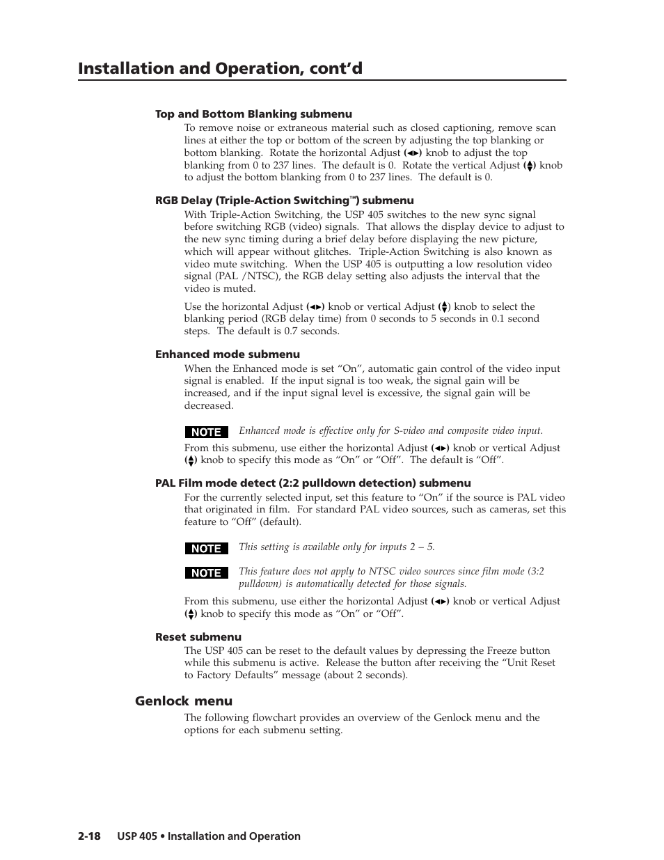 Installation and operation, cont’d, Genlock menu | Extron Electronics USP 405 User Guide User Manual | Page 34 / 64