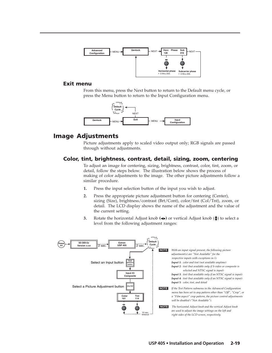 Image adjustments, Exit menu | Extron Electronics USP 405 User Guide User Manual | Page 35 / 64
