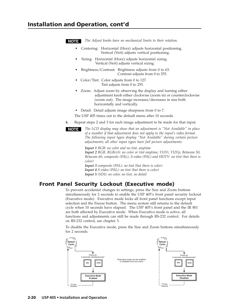 Installation and operation, cont’d, Front panel security lockout (executive mode) | Extron Electronics USP 405 User Guide User Manual | Page 36 / 64