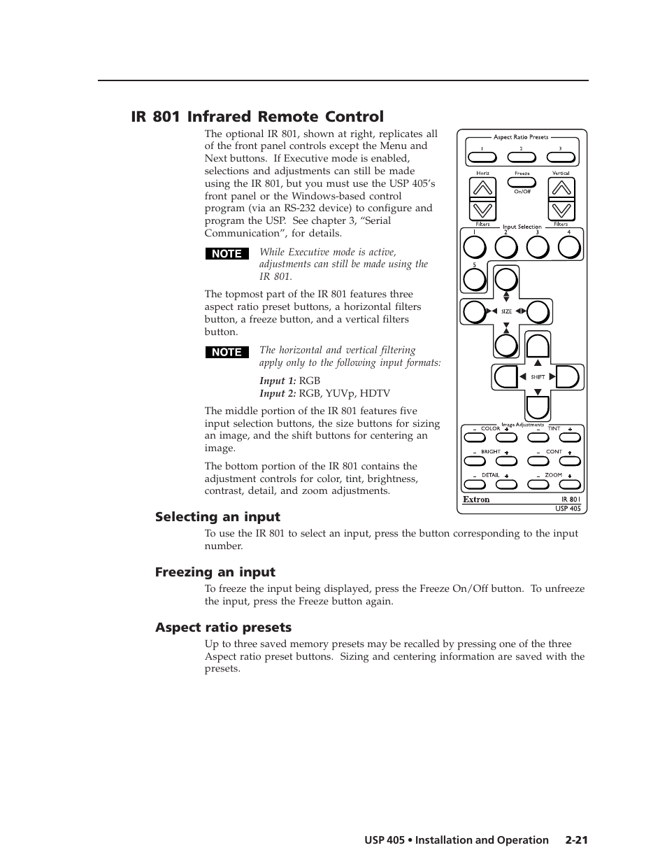 Ir 801 infrared remote control | Extron Electronics USP 405 User Guide User Manual | Page 37 / 64