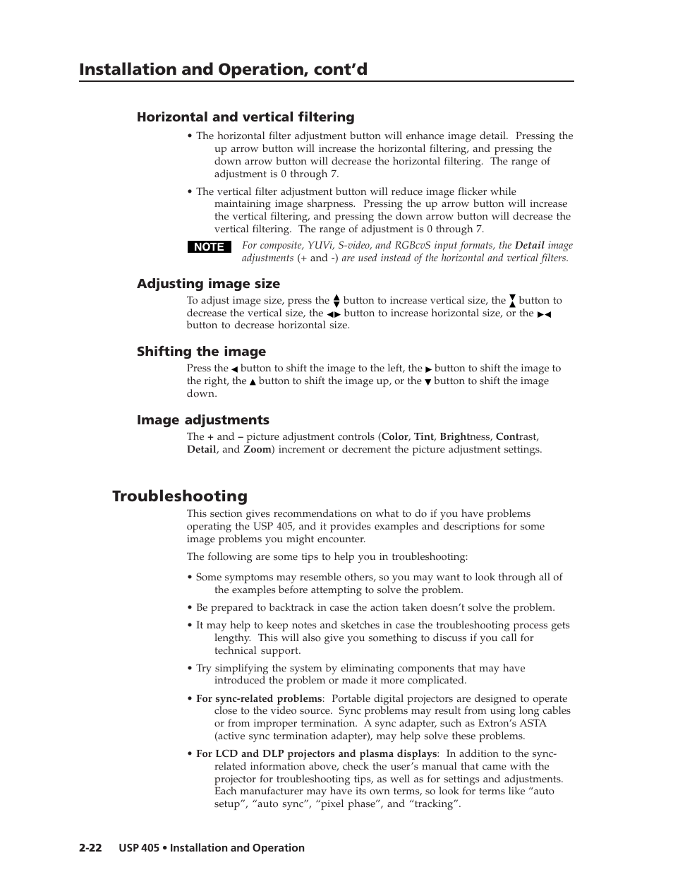 Installation and operation, cont’d, Troubleshooting | Extron Electronics USP 405 User Guide User Manual | Page 38 / 64
