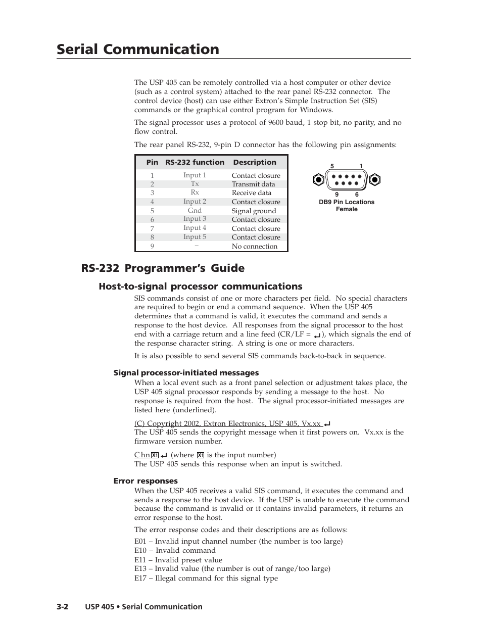 Serial communication, Rs-232 programmer’s guide, Host-to-signal processor communications | Extron Electronics USP 405 User Guide User Manual | Page 42 / 64