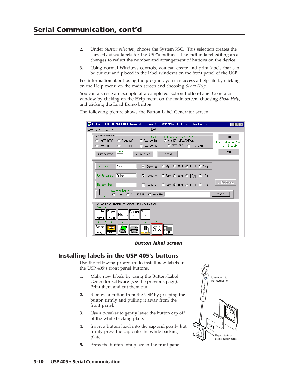 Serial communication, cont’d, Installing labels in the usp 405’s buttons | Extron Electronics USP 405 User Guide User Manual | Page 50 / 64