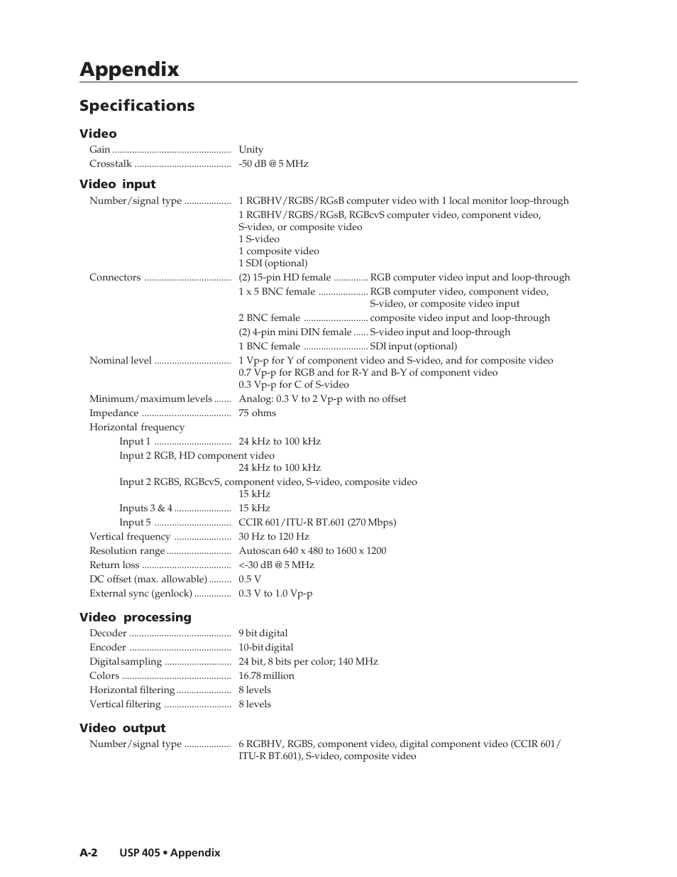 Appendix, Specifications | Extron Electronics USP 405 User Guide User Manual | Page 54 / 64