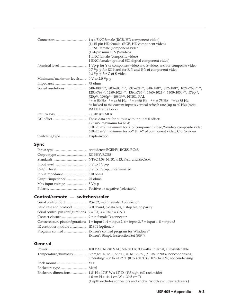 Sync, Control/remote — switcher/scaler, General | Extron Electronics USP 405 User Guide User Manual | Page 55 / 64