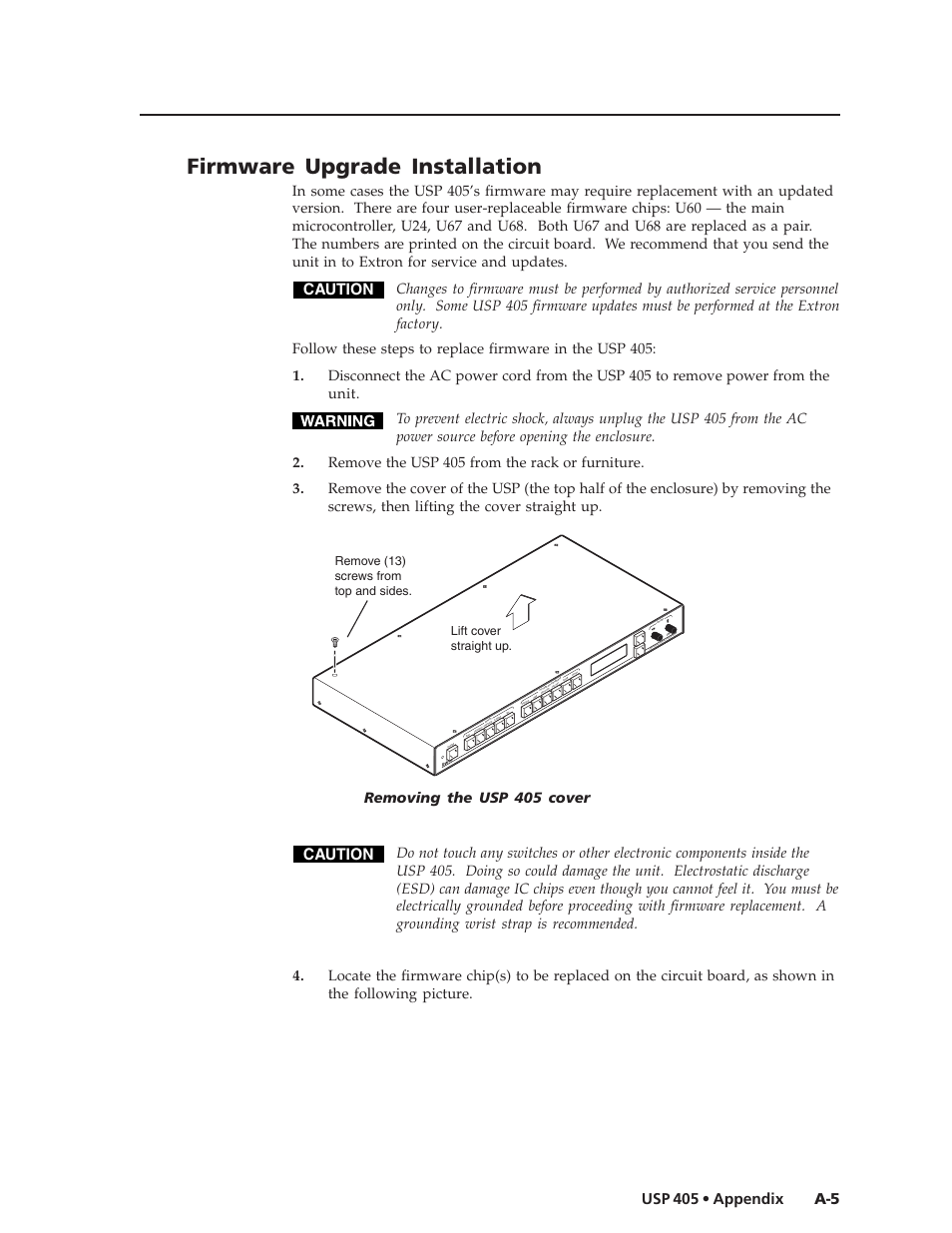 Firmware upgrade installation, A-5 usp 405 • appendix, Caution | Extron Electronics USP 405 User Guide User Manual | Page 57 / 64