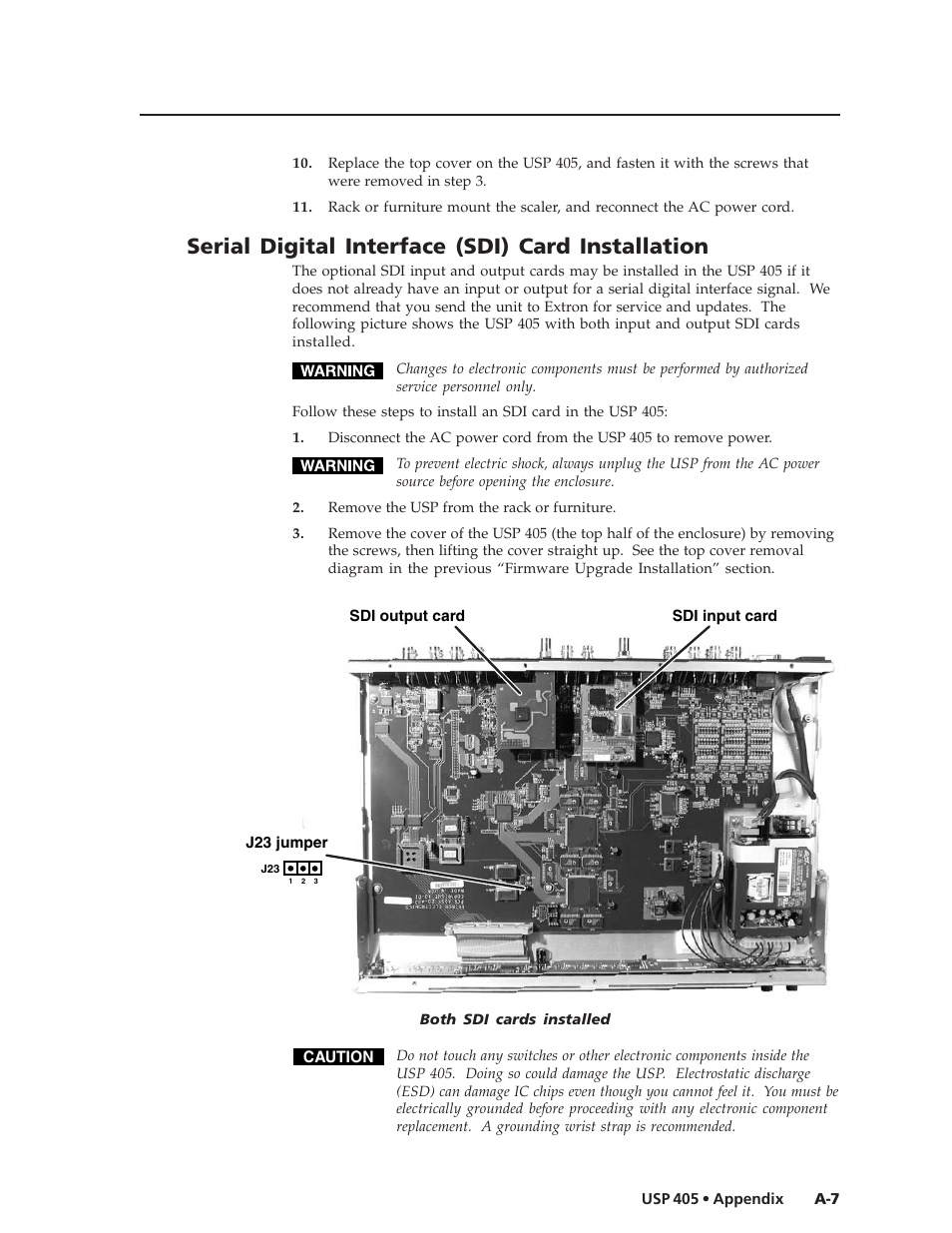 Serial digital interface (sdi) card installation | Extron Electronics USP 405 User Guide User Manual | Page 59 / 64