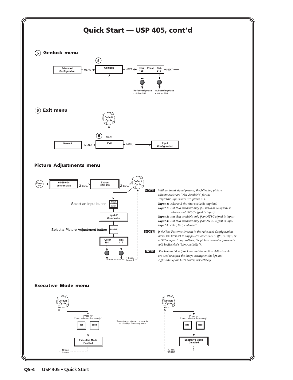 Quick start — usp 405, cont’d, Usp 405 • quick start qs-4, Genlock menu | Extron Electronics USP 405 User Guide User Manual | Page 6 / 64