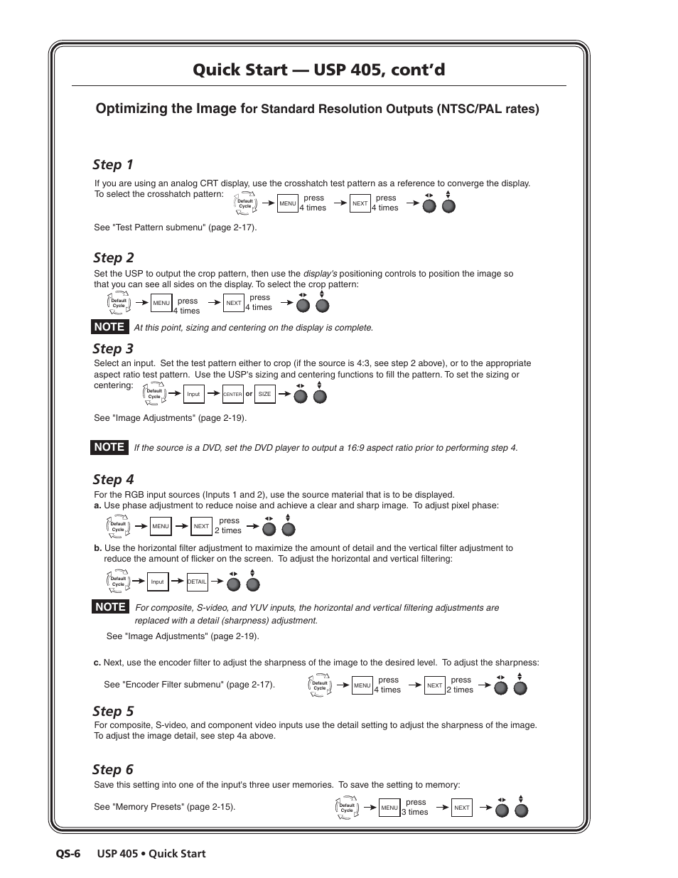 Quick start — usp 405, cont’d, Optimizing the image f, Or standard resolution outputs (ntsc/pal rates) | Usp 405 • quick start qs-6 | Extron Electronics USP 405 User Guide User Manual | Page 8 / 64