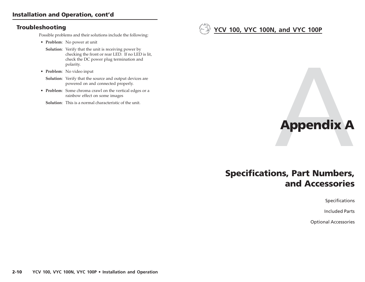 Appendix a | Extron Electronics VYC 100P User Guide User Manual | Page 11 / 13