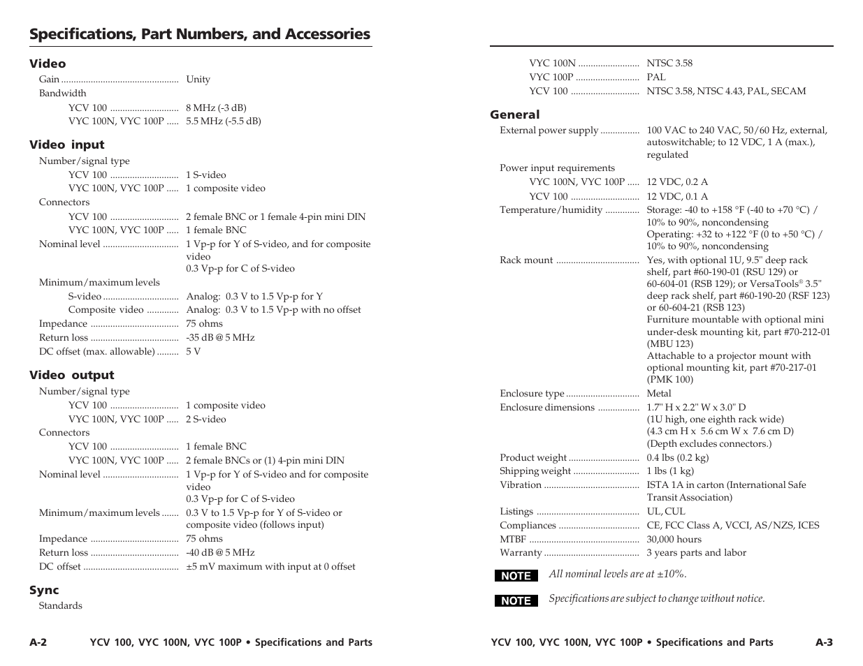 Specifications, part numbers, and accessories | Extron Electronics VYC 100P User Guide User Manual | Page 12 / 13