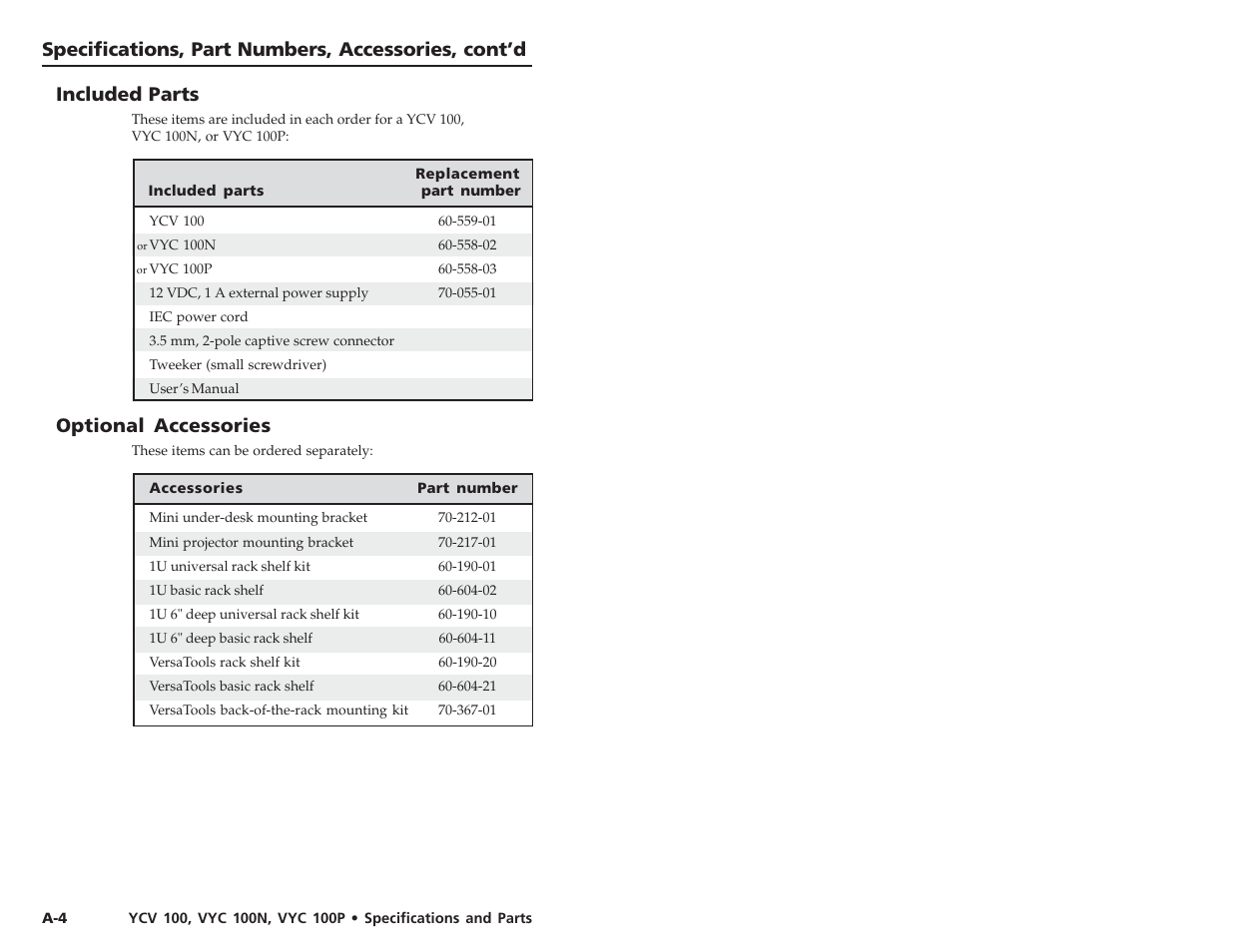 Optional accessories | Extron Electronics VYC 100P User Guide User Manual | Page 13 / 13