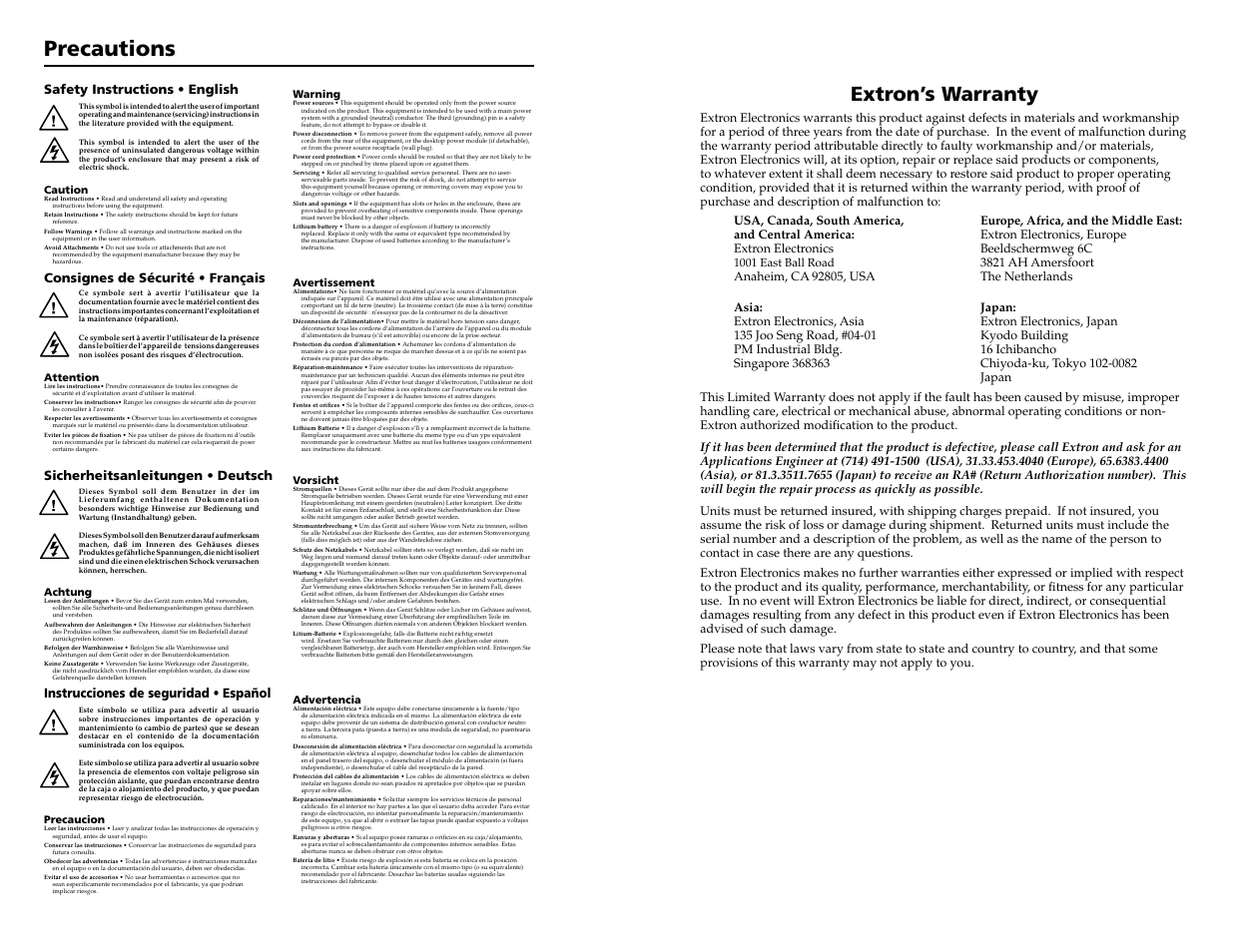 Precautions, Extron’s warranty, Instrucciones de seguridad • español | Extron Electronics VYC 100P User Guide User Manual | Page 2 / 13