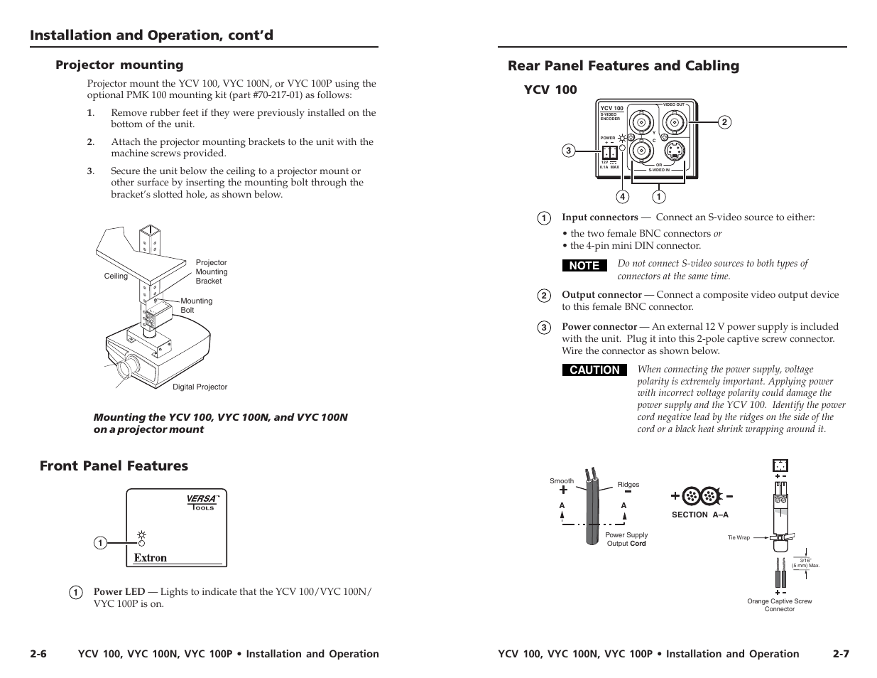 Installation and operation, cont’d, Rear panel features and cabling, Front panel features | Extron Electronics VYC 100P User Guide User Manual | Page 9 / 13