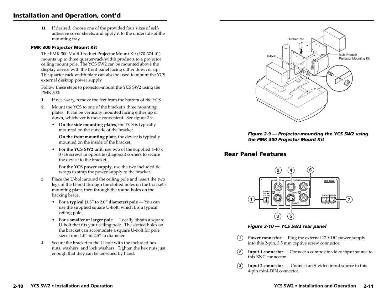 Installation and operation, cont’d, Rear panel features | Extron Electronics YCS SW2 User Guide User Manual | Page 12 / 17