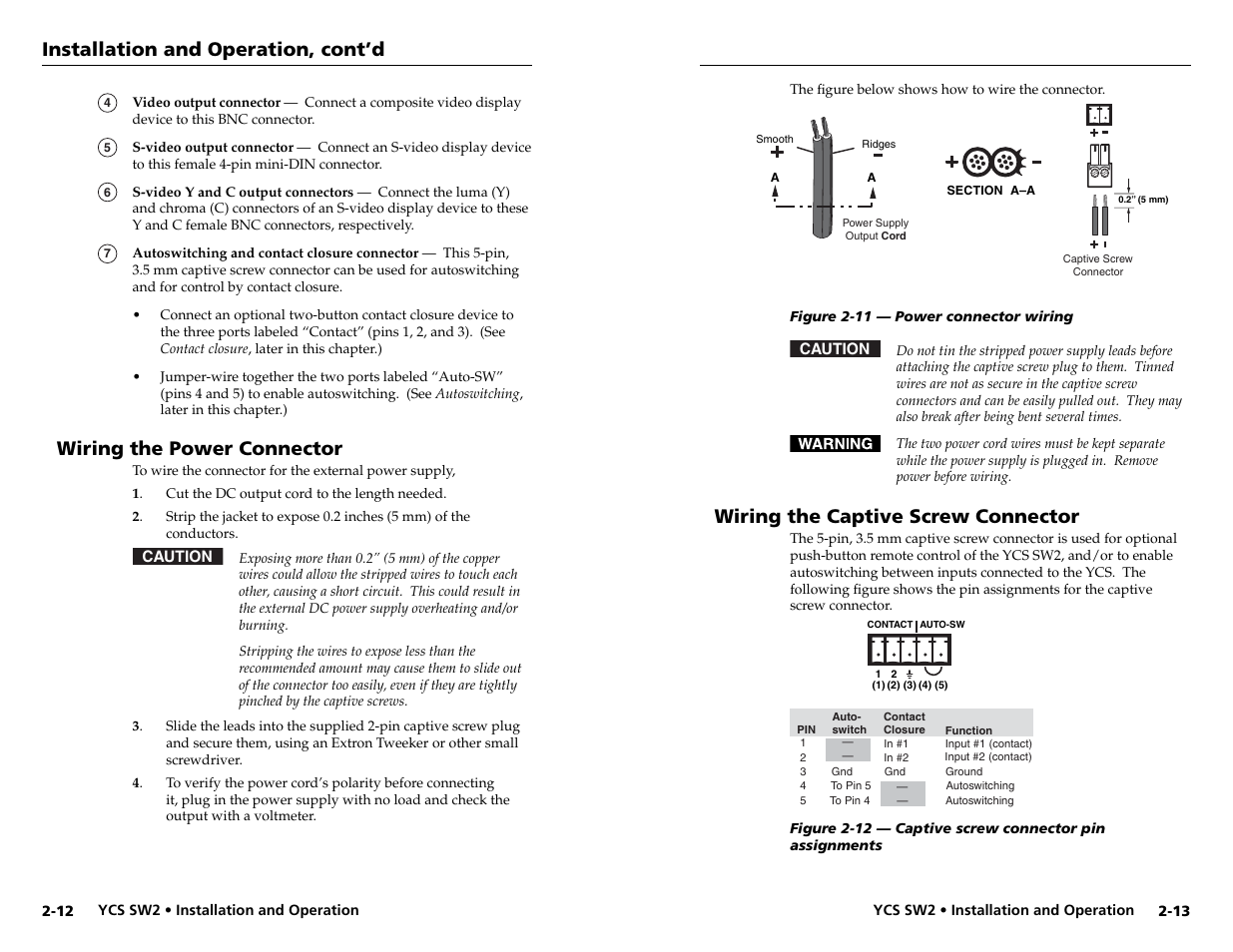 Installation and operation, cont’d, Wiring the captive screw connector, Wiring the power connector | Extron Electronics YCS SW2 User Guide User Manual | Page 13 / 17